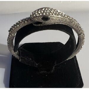 Silver Tone Snake Wrap Hinged Bangle Bracelet Clear Rhinestone Pavé